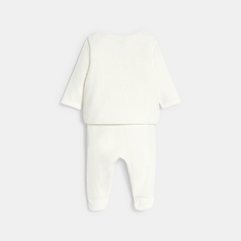 طقم نوم مخملي أبيض اللون للفتيان الرضع، مع صدرية بدون أكمام من قماش البوا الناعم